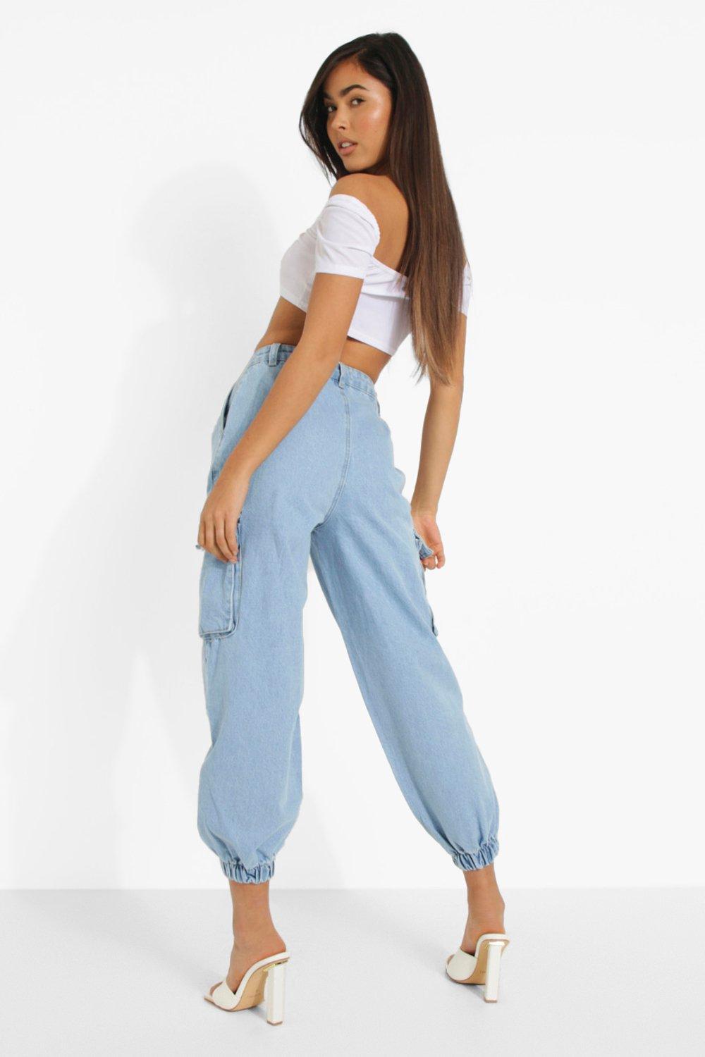 Women s Petite Denim Elasticated Cuff Pocket Joggers Boohoo UK